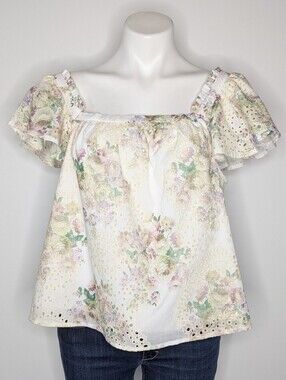 Solitaire White Cream People Eyelet Lace Floral Square Neck Blouse L